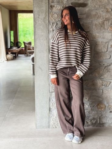 Pull ligné Jihan - Taupe/Ecru