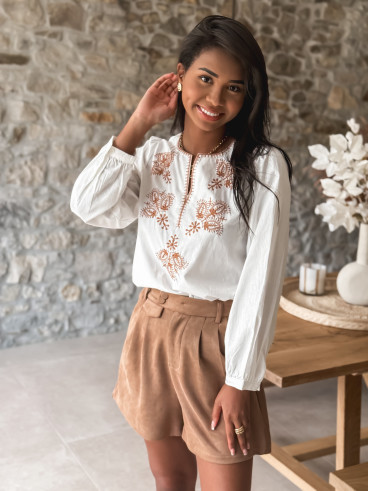 Blouse à motifs Yléna - Blanc/Camel