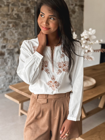 Blouse à motifs Yléna - Blanc/Camel