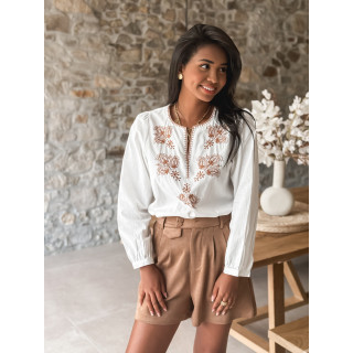 Blouse à motifs Yléna - Blanc/Camel
