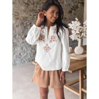 Blouse à motifs Yléna - Blanc/Camel