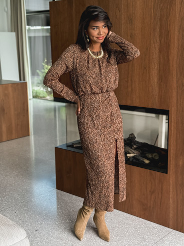 Robe longue léopard Salomé - Camel/Noir