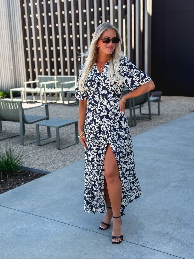 Robe longue à motifs Stéphie - Bleu/blanc