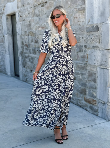 Robe longue à motifs Stéphie - Bleu/blanc