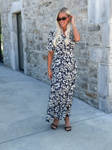 Robe longue à motifs Stéphie - Bleu/blanc