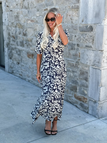 Robe longue à motifs Stéphie - Bleu/blanc