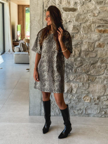 Robe en jeans léopard Zélia - Beige/Noir