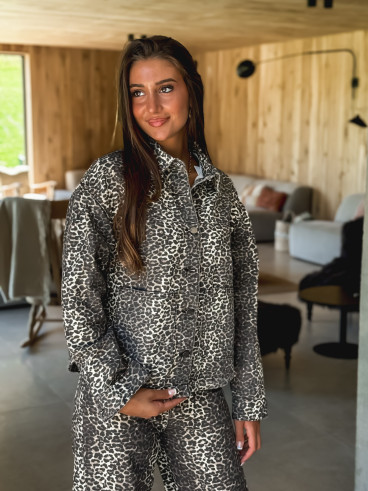 Veste en Jeans léopard Zélia - Beige/Noir