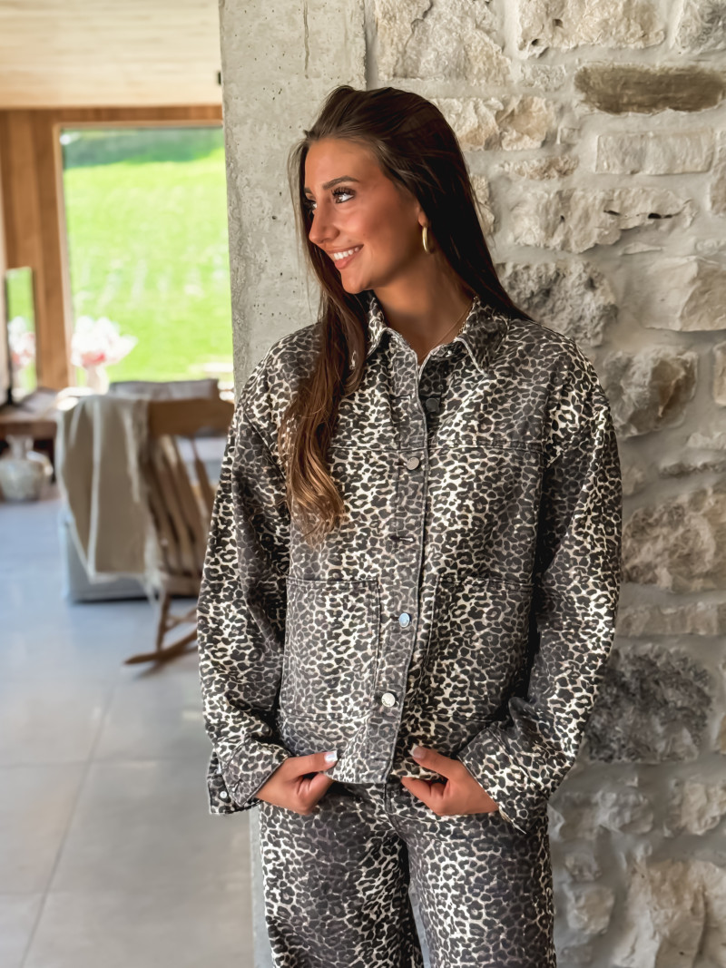 Veste en Jeans léopard Zélia - Beige/Noir