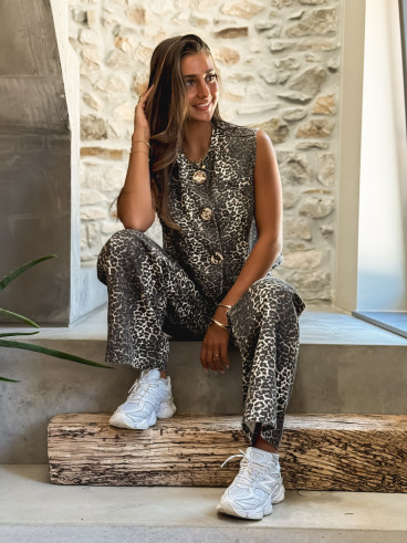 Gilet en jeans léopard Zélia - Beige/Noir