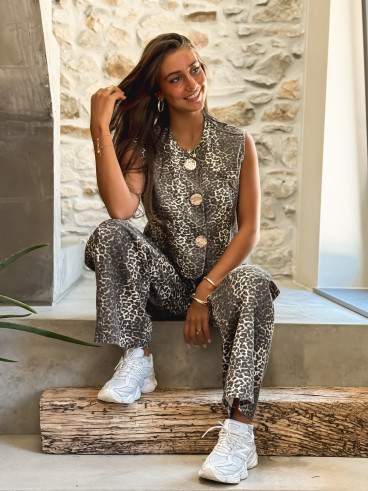 Gilet en jeans léopard Zélia - Beige/Noir