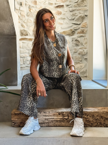 Gilet en jeans léopard Zélia - Beige/Noir