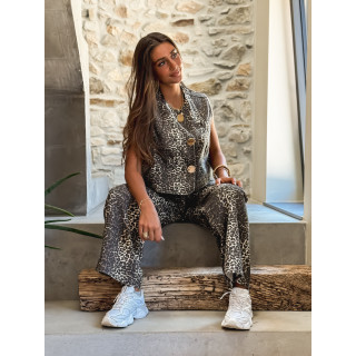 Gilet en jeans léopard Zélia - Beige/Noir