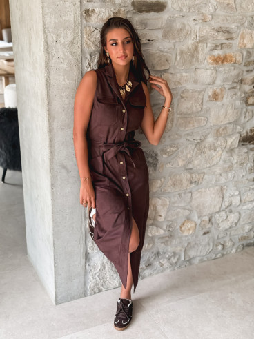 Robe longue en suédine Thess - Chocolat