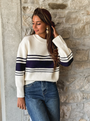 Pull ligné Guillia - Ecru/Bleu