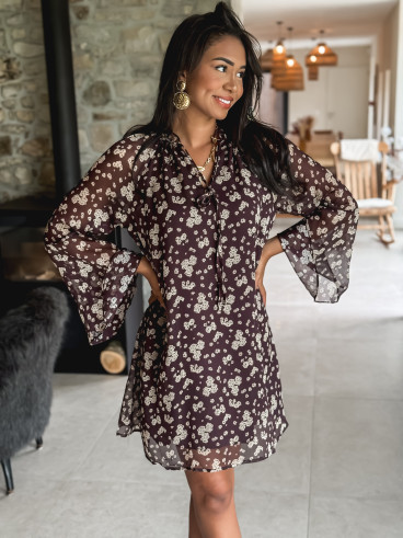Robe courte à fleurs Alcina - Chocolat