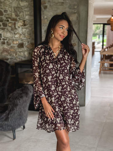 Robe courte à fleurs Alcina - Chocolat