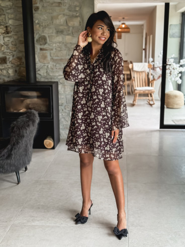 Robe courte à fleurs Alcina - Chocolat