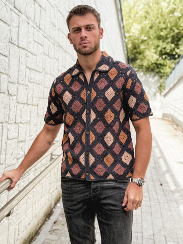 Chemise en crochet Naël - Noir/Camel