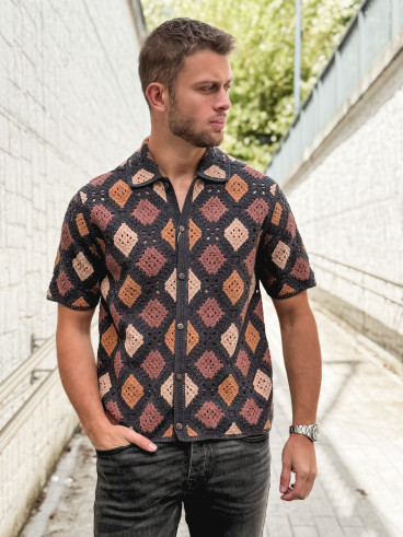 Chemise en crochet Naël - Noir/Camel