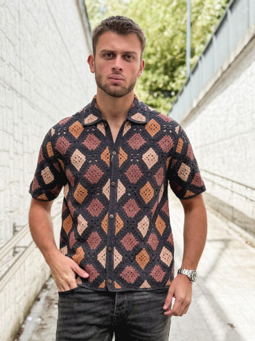 Chemise en crochet Naël - Noir/Camel