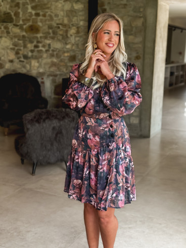Robe courte à fleurs Nélaya - Bleu/Rose