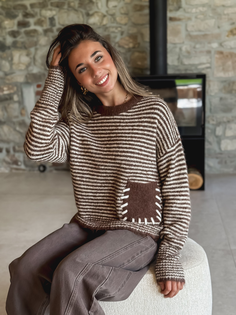 Pull ligné Ylonia - Chocolat/Ecru