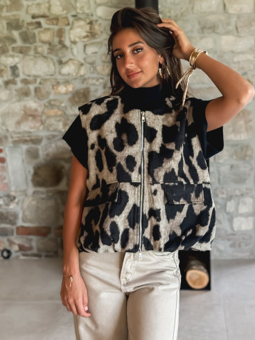 Veste sans manches léopard Soliane - Beige/Noir