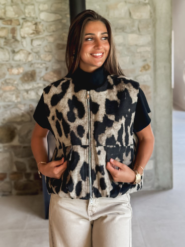 Veste sans manches léopard Soliane - Beige/Noir