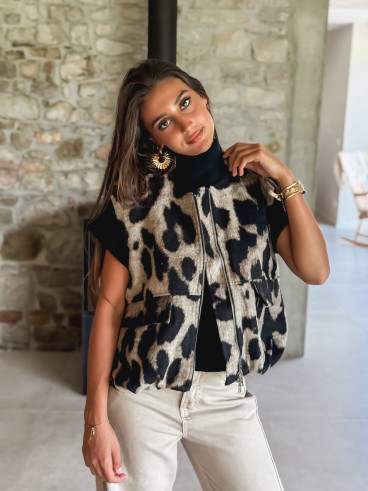 Veste sans manches léopard Soliane - Beige/Noir
