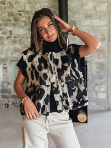 Veste sans manches léopard Soliane - Beige/Noir