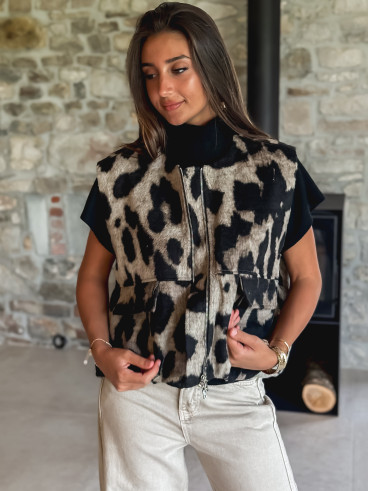 Veste sans manches léopard Soliane - Beige/Noir