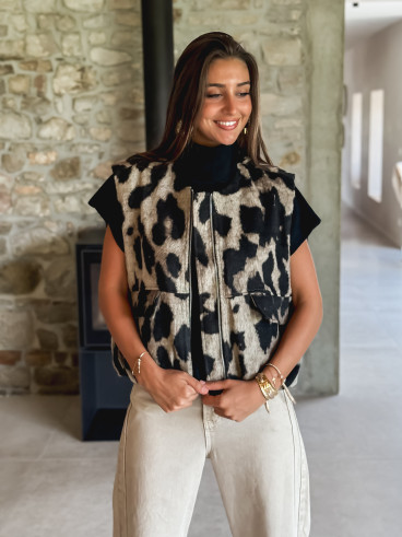 Veste sans manches léopard Soliane - Beige/Noir