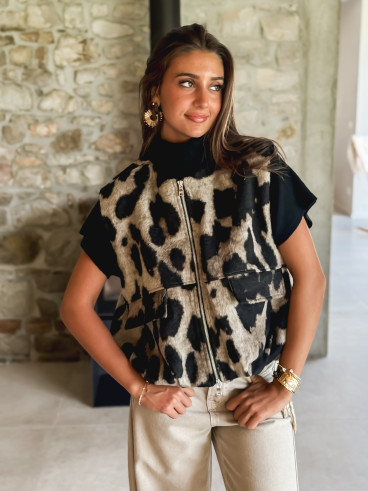 Veste sans manches léopard Soliane - Beige/Noir