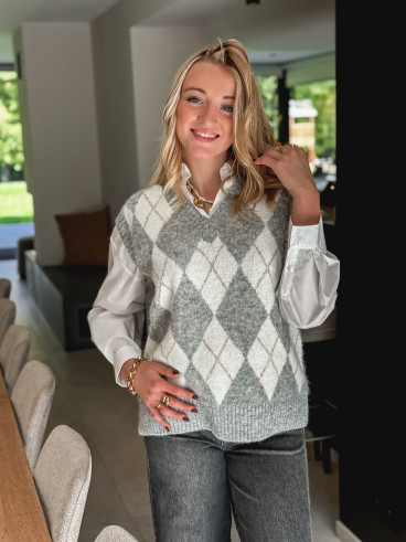 Pull à carreaux Méliane - Gris/Ecru