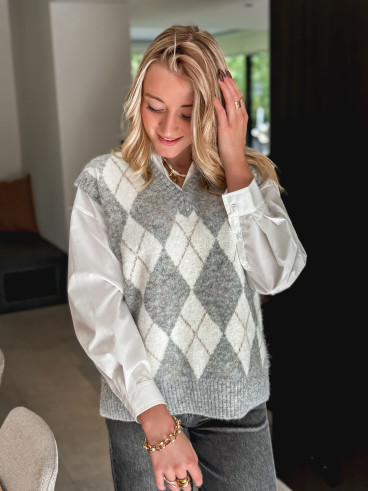 Pull à carreaux Méliane - Gris/Ecru