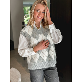 Pull à carreaux Méliane - Gris/Ecru