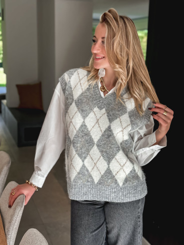 Pull à carreaux Méliane - Gris/Ecru