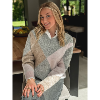 Pull à carreaux Naéline - Gris/Rose