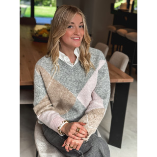 Pull à carreaux Naéline - Gris/Rose