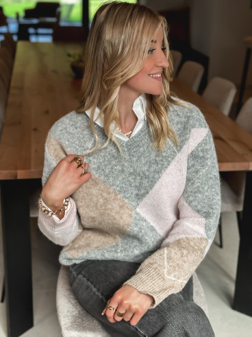 Pull à carreaux Naéline - Gris/Rose