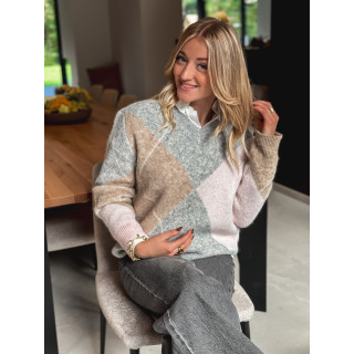 Pull à carreaux Naéline - Gris/Rose