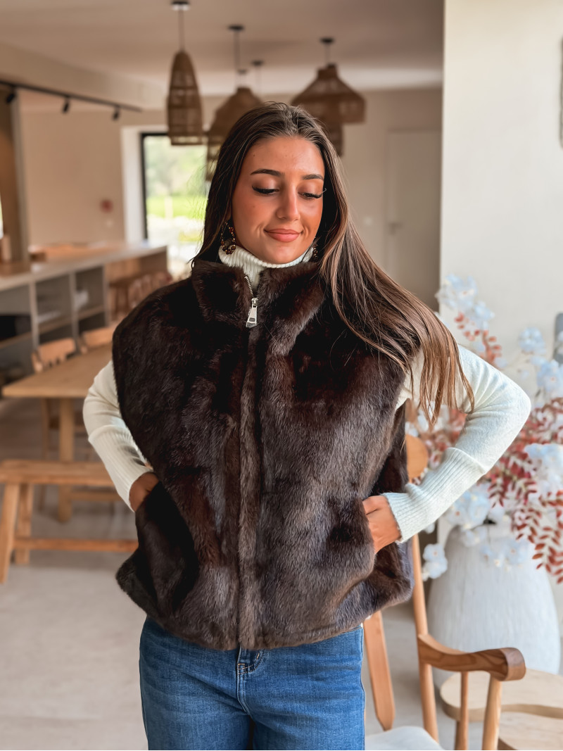 Veste en fourrure sans manches Samira - Chocolat