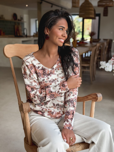 Pull à fleurs Maolia - Camel/Ecru