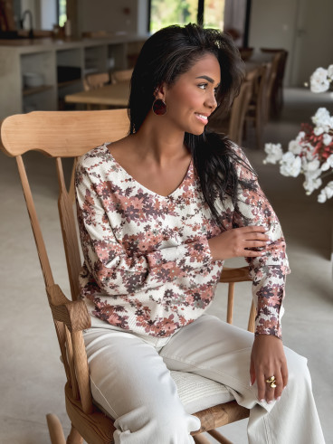 Pull à fleurs Maolia - Camel/Ecru