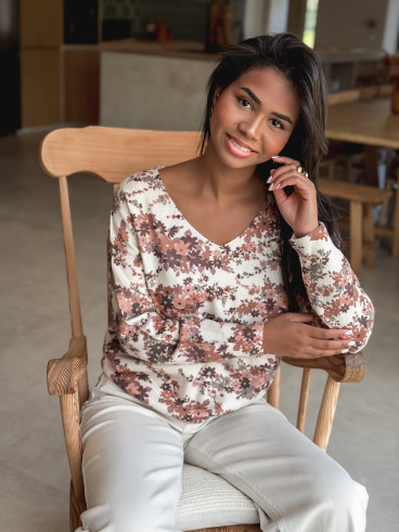 Pull à fleurs Maolia - Camel/Ecru