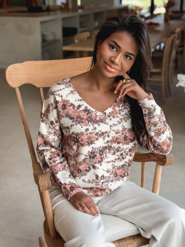 Pull à fleurs Maolia - Camel/Ecru