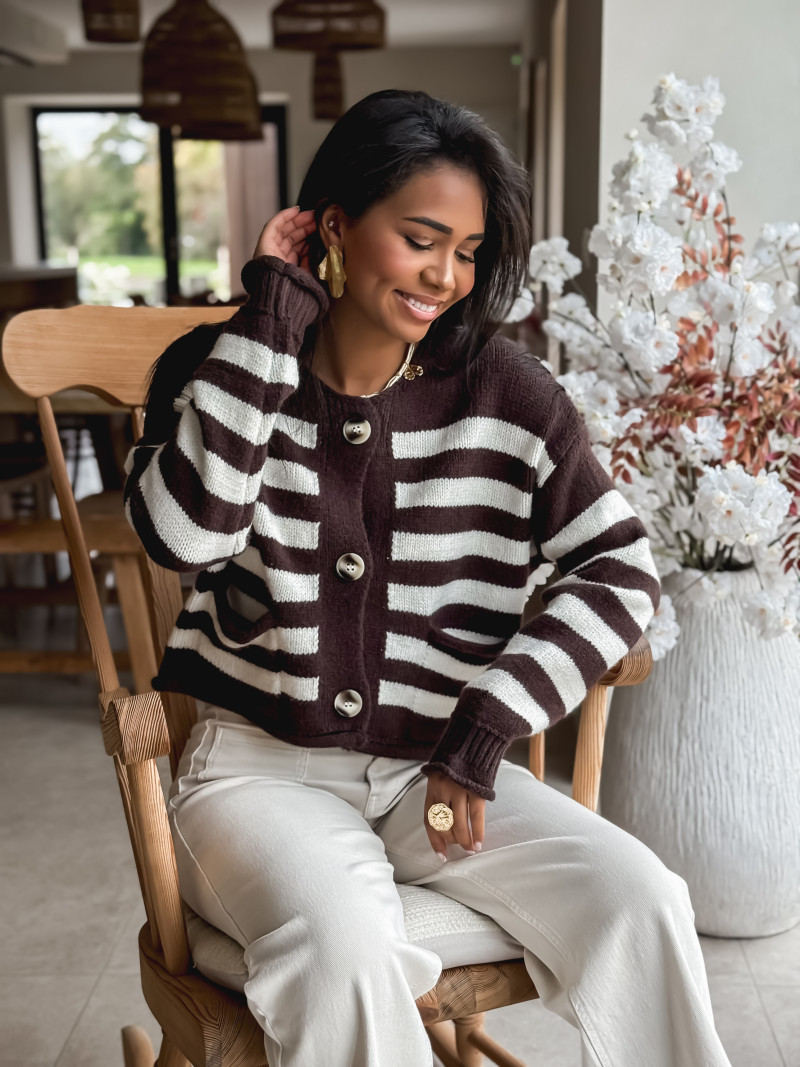 Gilet ligné Naomi - Chocolat/Ecru