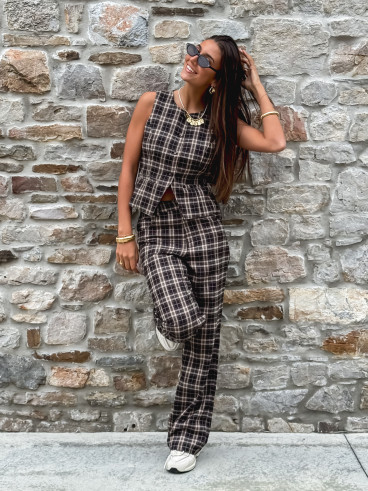 Pantalon à carreaux Gaëtane - Beige/Noir
