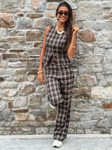 Pantalon à carreaux Gaëtane - Beige/Noir